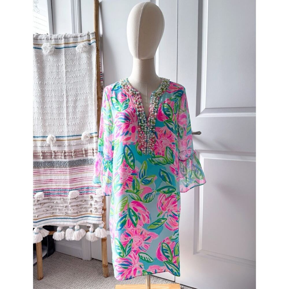 Lilly Pulitzer Elenora Multi Totally Blossom 100% Silk Embellished Dress Small